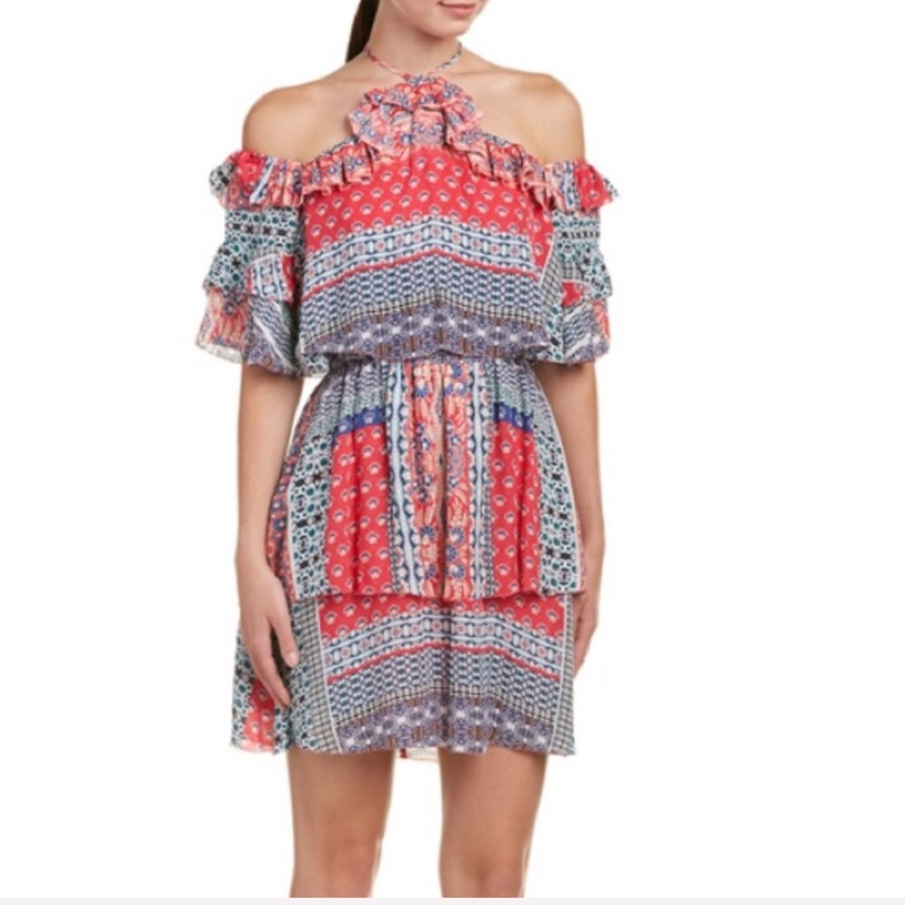 Parker Lorenzo Silk Cold Shoulder Patchwork Print Ruffle Mini Dress Size 4 NWOT